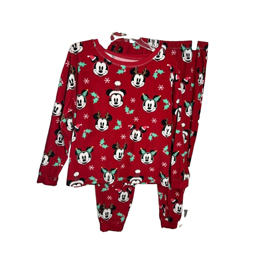 Disney Mickey Minnie Mouse Christmas Pajama Set Women’s Large 12-14 Red Holiday